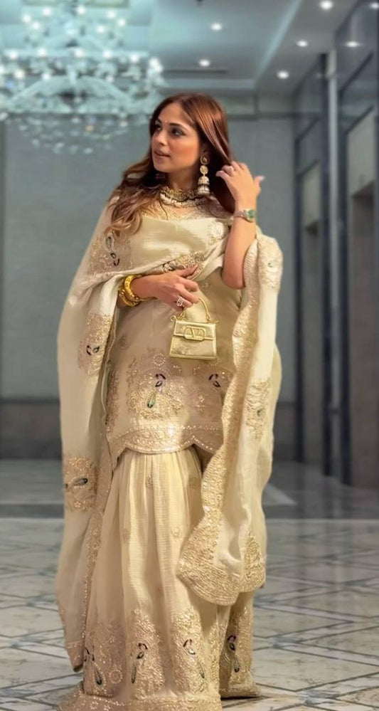 Festive Wear Chinnon Silk Cream Color Palazzo Suit