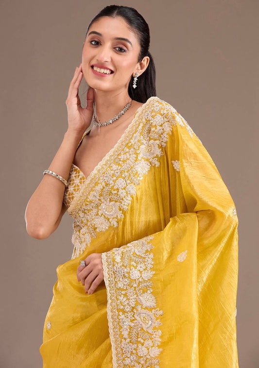 Beautiful Gold Crush Yellow Color Saree