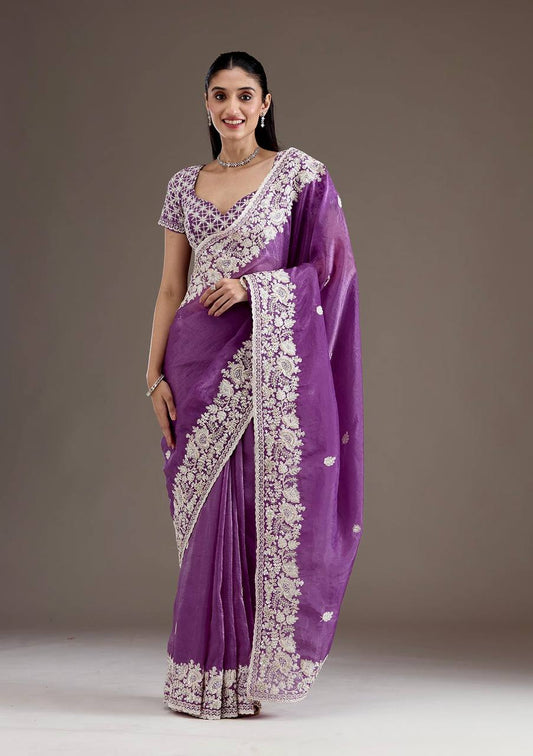 Beautiful Gold Crush Purple Color Saree