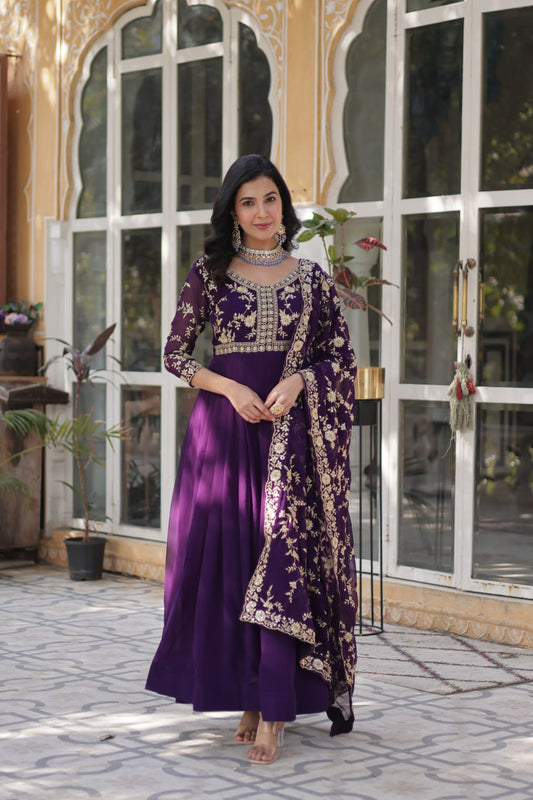 Gorgeous Embroidered Work Purple Color Gown