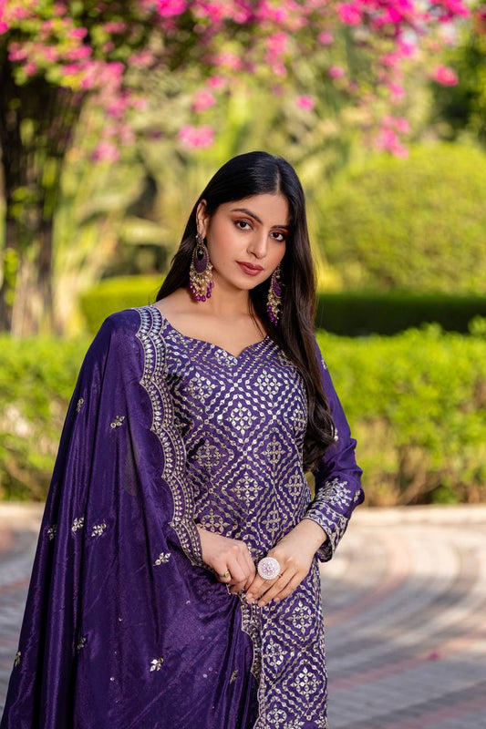 Imposing Sequence Work Purple Color Palazzo Suit