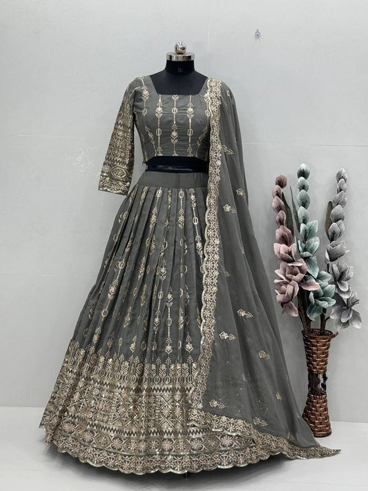 Designer Embroidered Work Grey Color Lehenga Choli