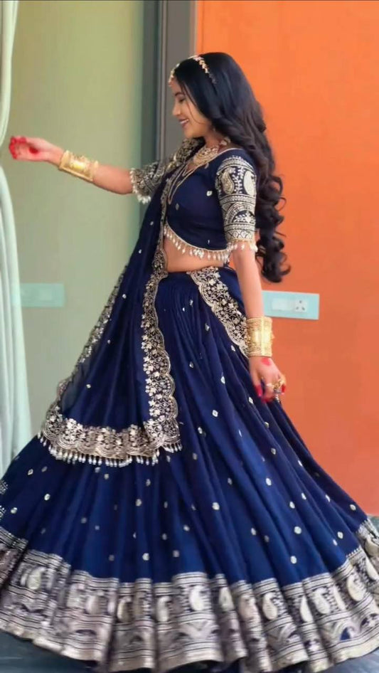 Marriage Special Embroidery Work Navy Blue Color Lehenga Choli