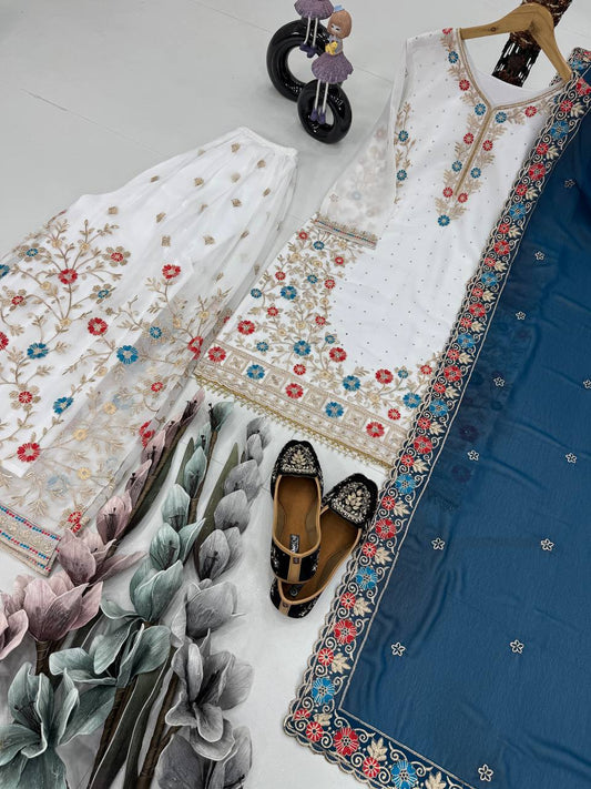 Awesome White Color Work Sharara Suit With Blue Dupatta