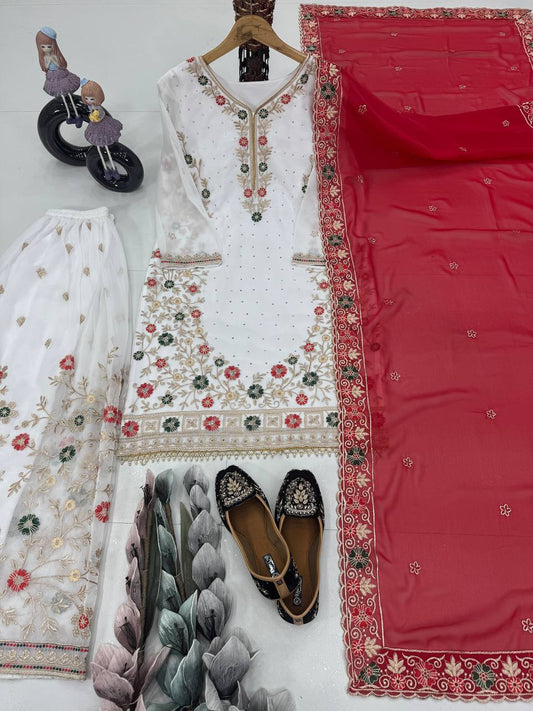 Awesome White Color Work Sharara Suit With Red Dupatta