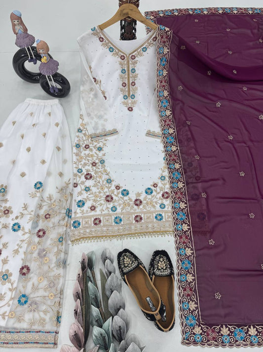 Awesome White Color Work Sharara Suit With Wine Dupatta