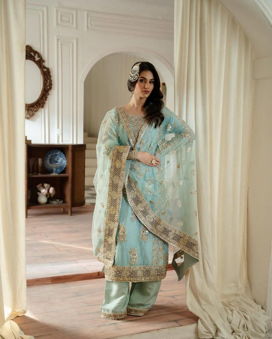 Festive Wear Sequence Work Sky Blue Color Sharara Suit