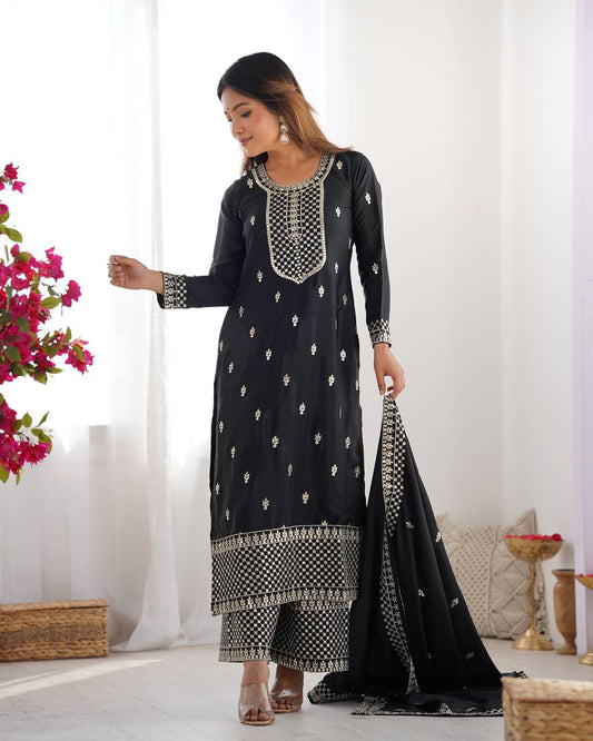 Preferable Chinon Silk Black Color Salwar Suit