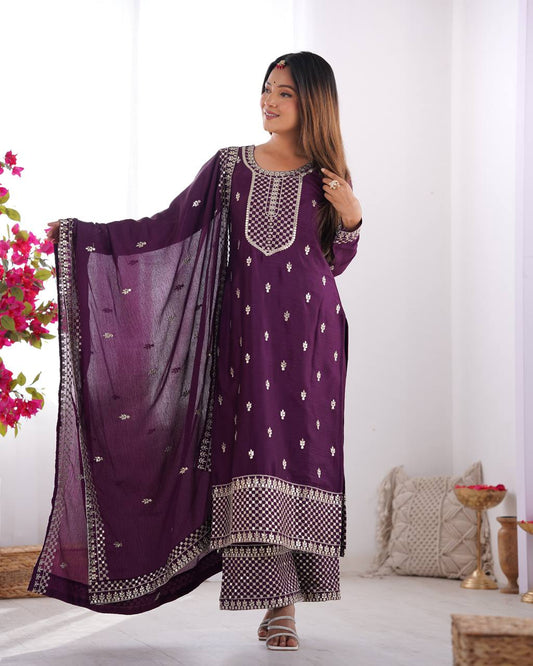 Preferable Chinon Silk Wine Color Salwar Suit