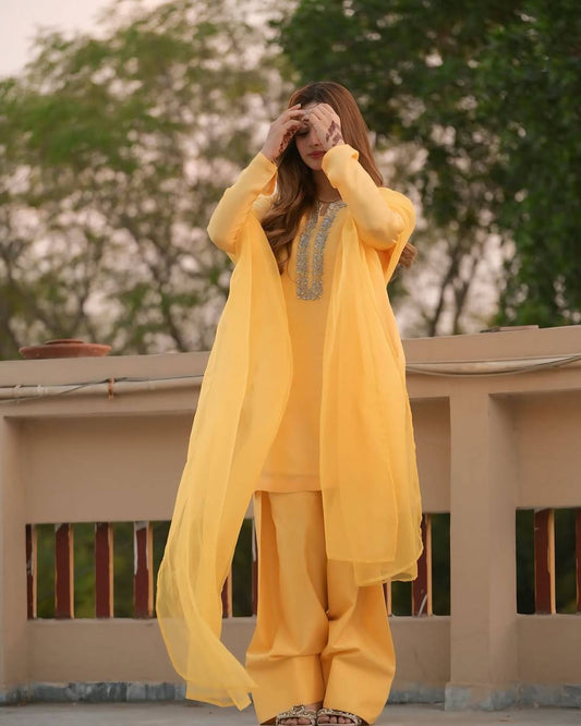 Stylish Yellow Color Embroidery With Hand Work Patiala Suit