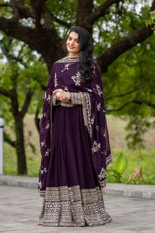 Heavy Sequence Work Wine Color Gown With Dupatta