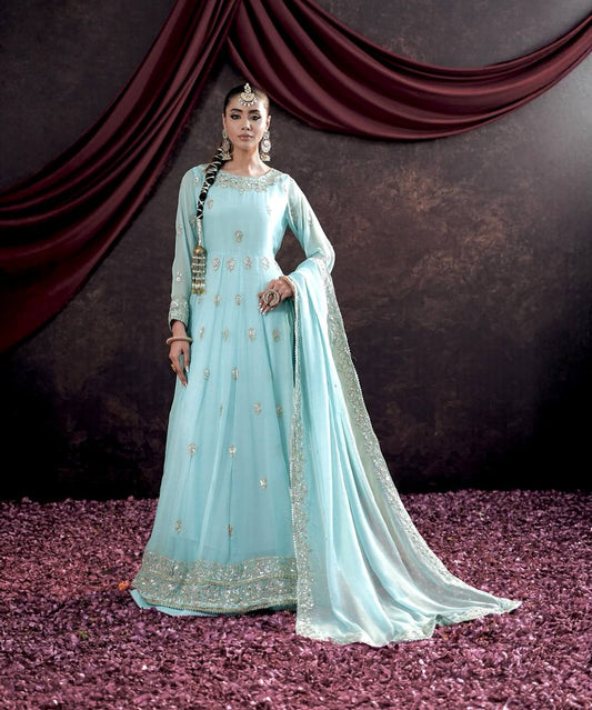 Good Looking Georgette Sequence Work Sky Blue Color Gown