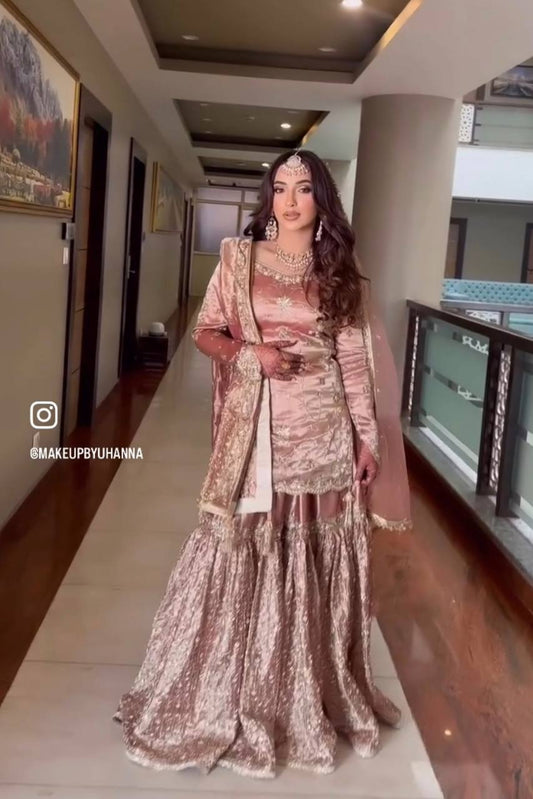 Preferable Heavy Work Peach Color Shining Sharara Suit