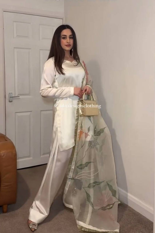 Delightful Satin Silk White Color Palazzo Suit