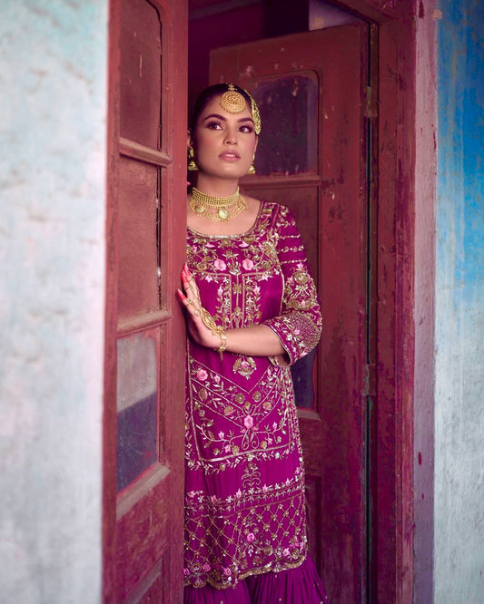 Captivating Chinno Silk Wine Color Sharara Suit