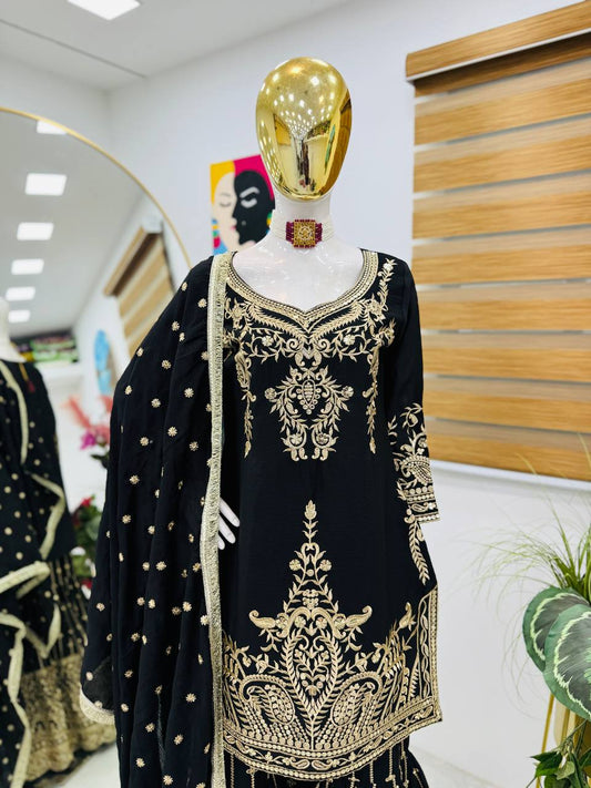 Occasion Wear Heavy Sequence Work Black Sharara Suit