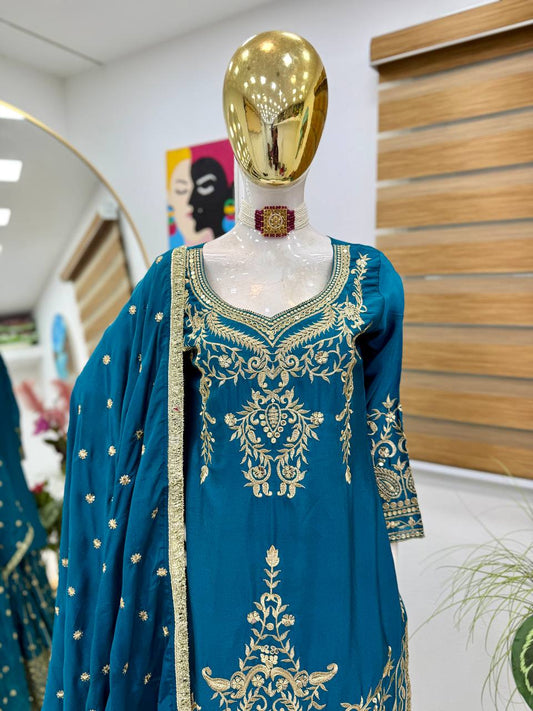 Occasion Wear Heavy Sequence Work Blue Sharara Suit