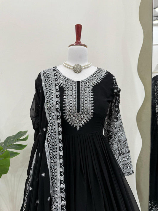 Black Color Thread With Sequence Work Anarkali Gown