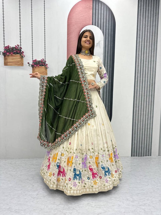 Stunning Off White Color Lehenga choli With Mehndi Dupatta