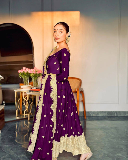 Good Looking Chinon Silk Purple Color Sequence Work Gown