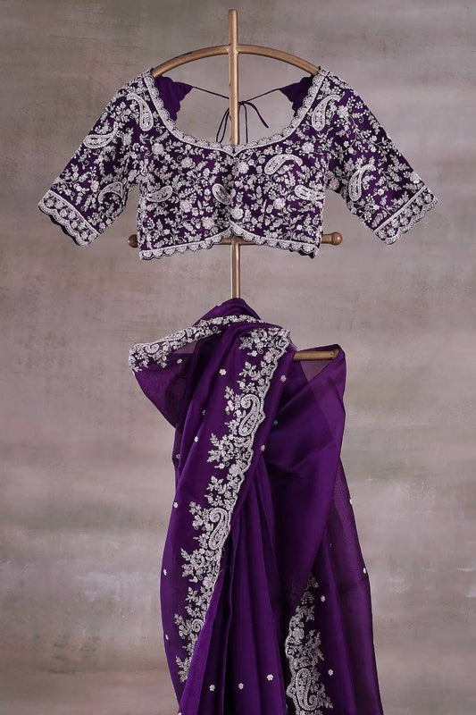 Designer Embroidery Work Purple Color Saree