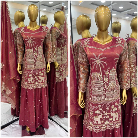 Classic Sequence Work Brown Color Sharara Suit