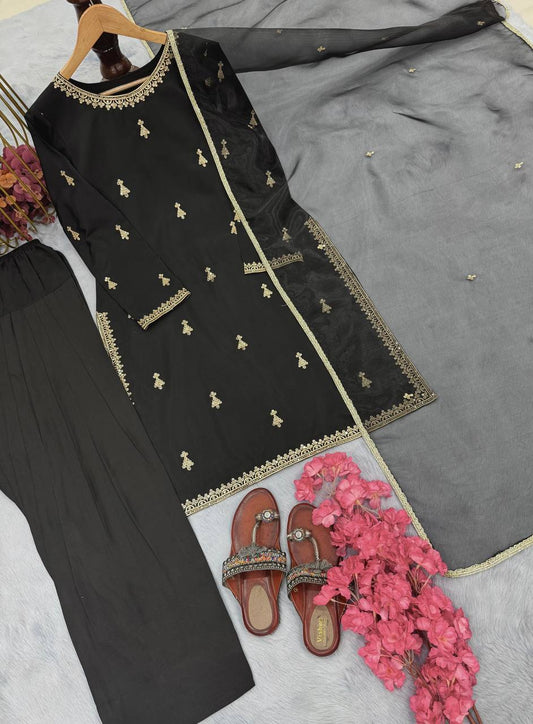 Delightful Embroidery Work Black Color Palazzo Suit