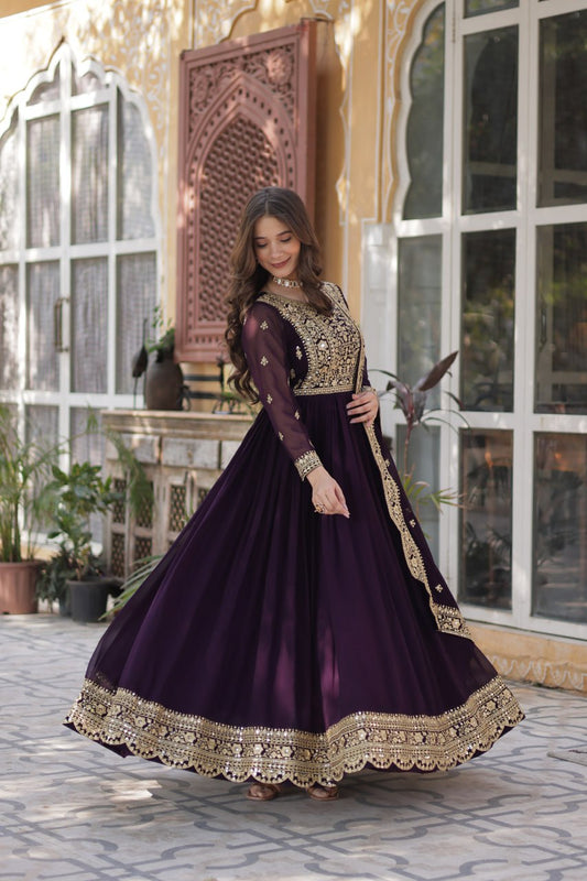 Wonderful Embroidery Work Wine Color Gown
