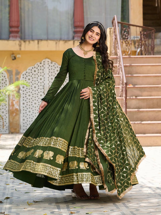 Awesome Vichitra Silk Green Color Gown