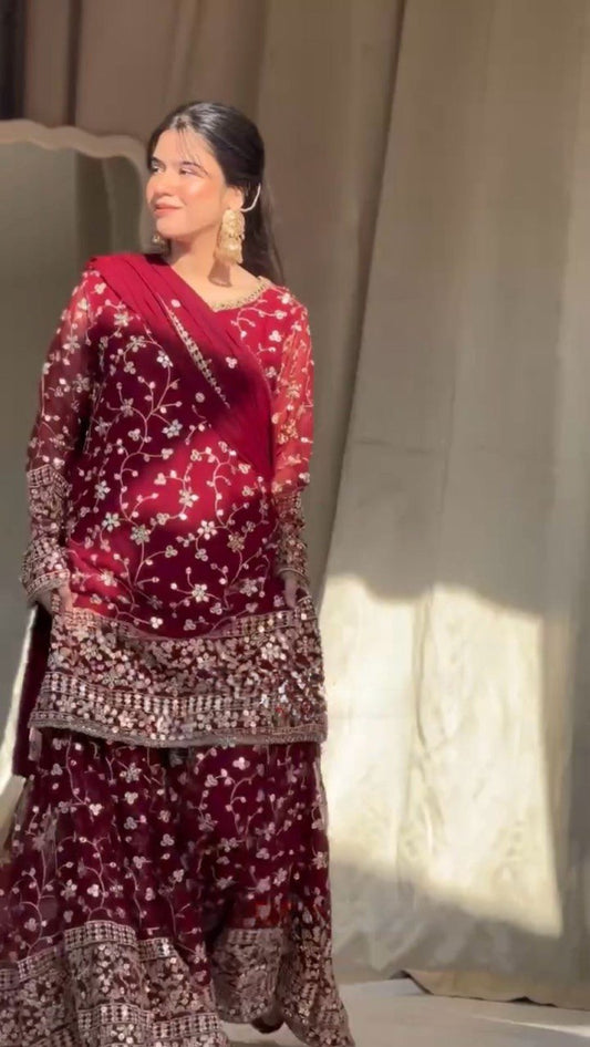 Occasion Wear Pink Color Sequence Work Sharara Suit