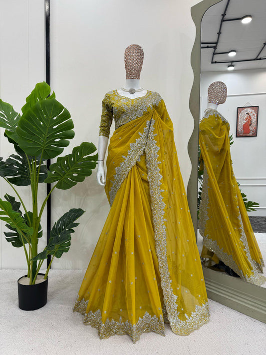 Preferable Thred & Sequnce Work Yellow Color Saree