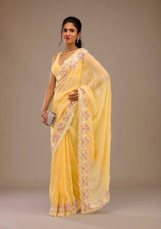 Lovely Heavy Work Yellow Color Saree
