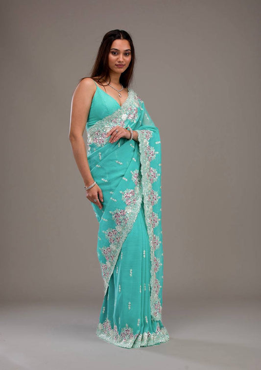 Lovely Heavy Work Sky Blue Color Saree