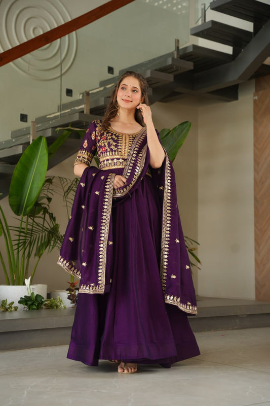 Attractive Vichitra Silk Wine Color Gown