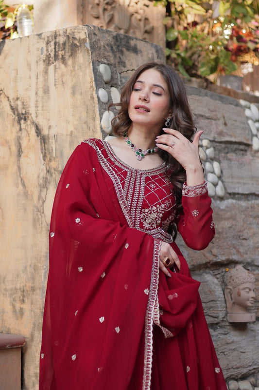 Amazing Embroidered Work Red Color Gown