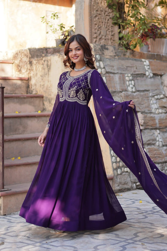 Amazing Embroidered Work Purple Color Gown