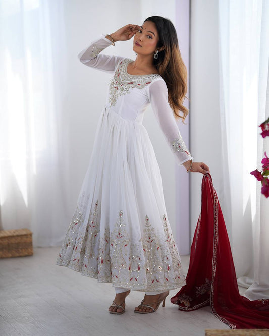 Imposing White Color Gown With Maroon Dupatta