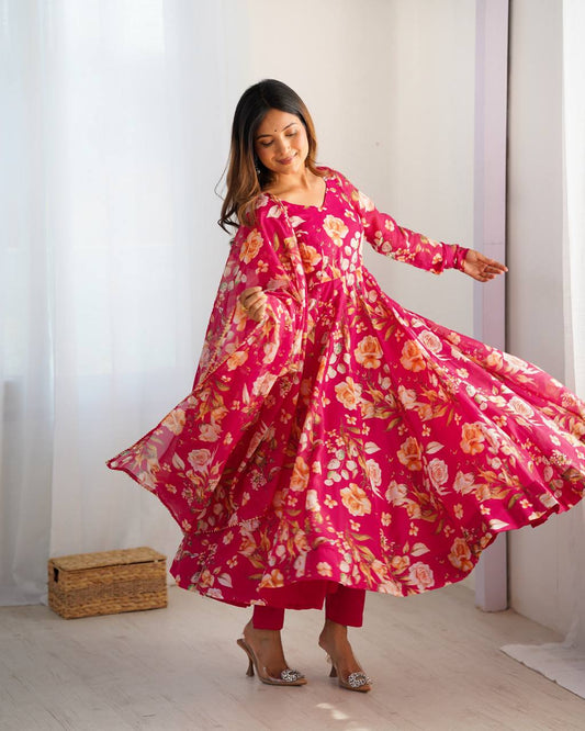 Gorgeous Flower Print Pink Color Anarkali Gown