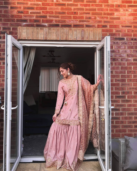 Designer Heavy Work Pink Color Sharara Suit