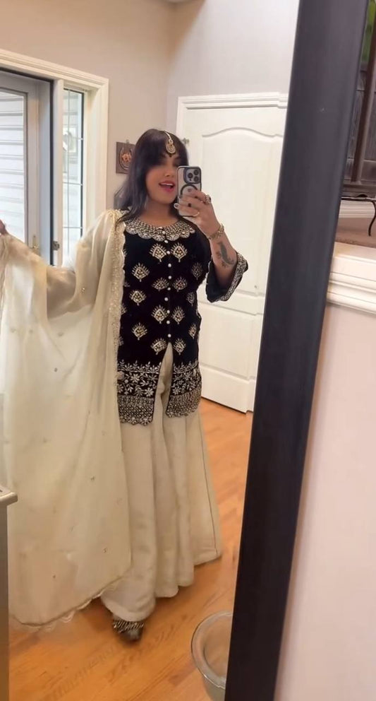 Flattering Sequence Work Black Color Palazzo Suit