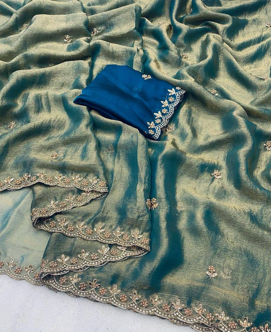 Beautiful Fendy Chiffon Teal Green Color Saree