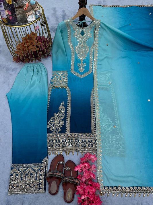 Fantastic Embroidery Work Double Shaded Blue Color Palazzo Suit