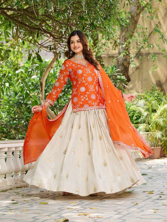 Occasion Wear Orange Color Kurti With White Lehenga