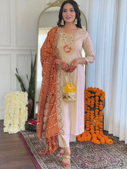 Decent Embroidery Work Cream Color Salwar Suit