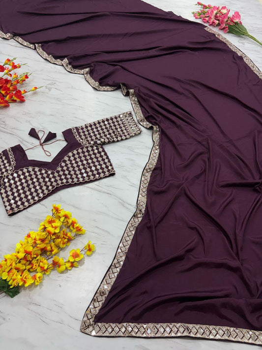 Delightful Wine Color Crape Silk Designer Saree
