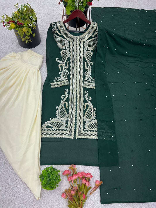 Designer Heavy Work Green Color Dhoti Suit