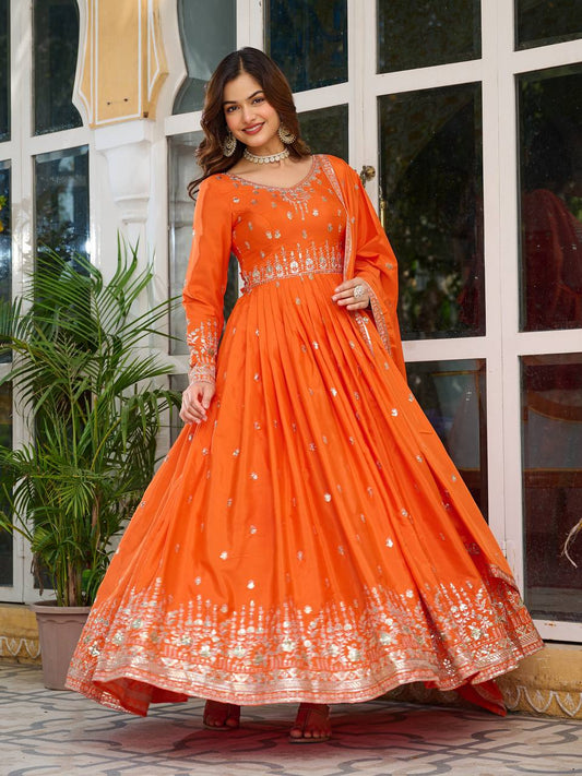 Attractive Sequence Work Orange Color Gown