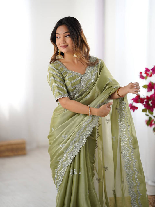 Lovely Heavy Work Green Color Saree