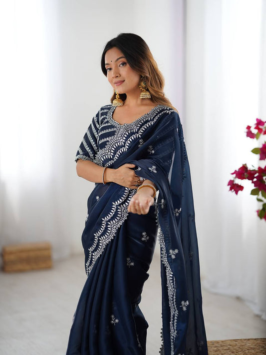 Lovely Heavy Work Navy Blue Color Saree