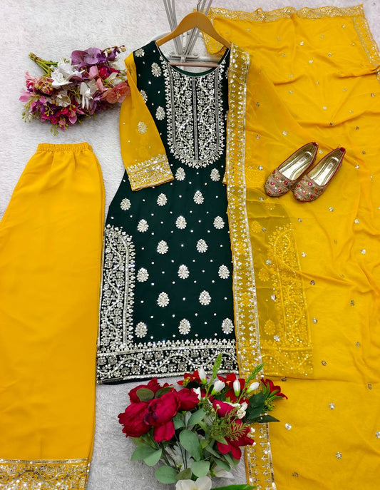Green Color Heavy Embroidery Work Palazzo Suit